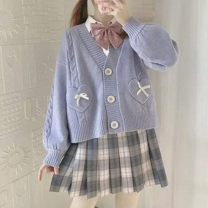 Kawaii Knitted Cardigan – Women's Heart Pocket Bow Sweater