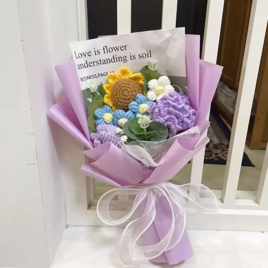 Kawaii Knitted Sunflower & Rose Bouquet – Crochet Gift for Birthday or Graduation