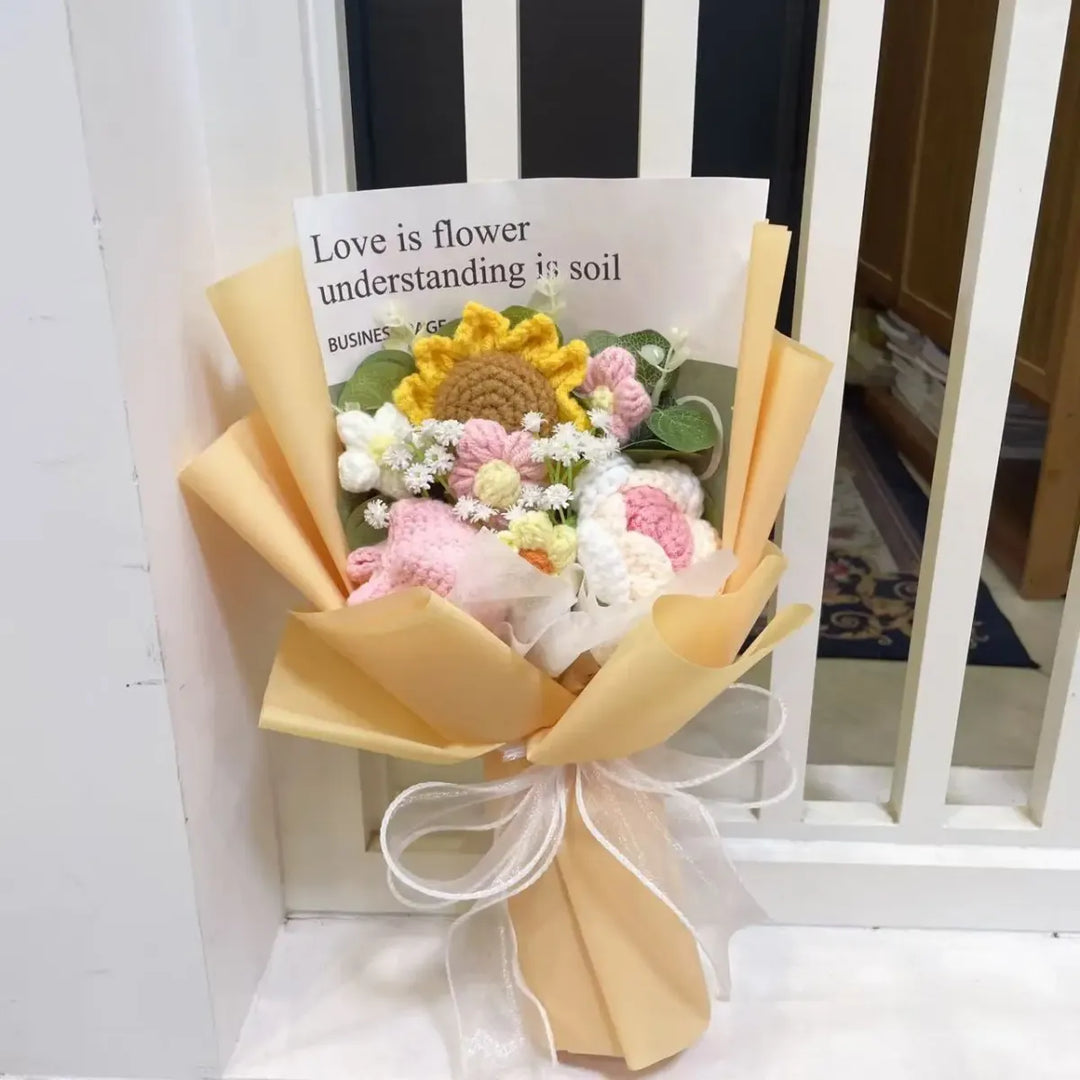 Kawaii Knitted Sunflower & Rose Bouquet – Crochet Gift for Birthday or Graduation