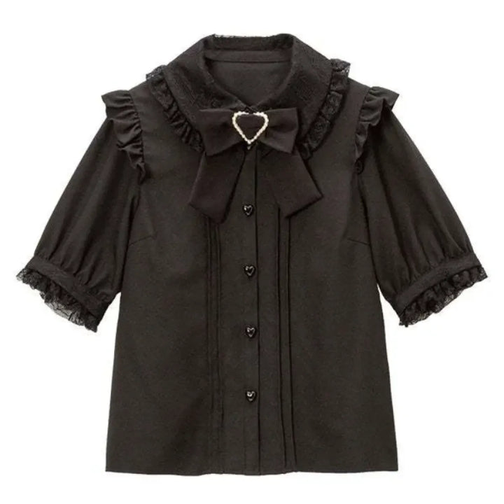 Kawaii Lolita Lace Blouse – Y2K Grunge Bow Shirt with Heart Buttons