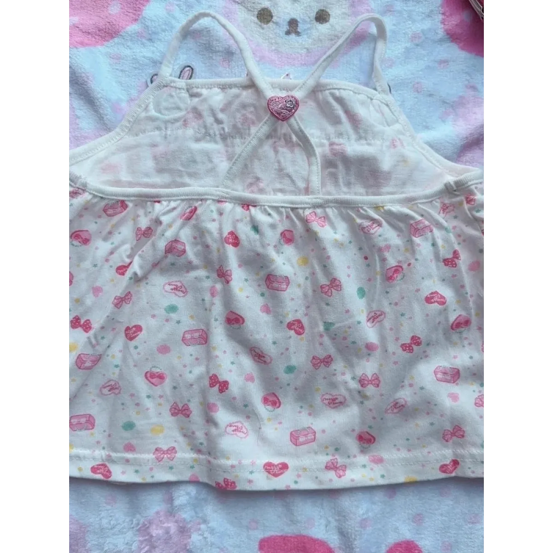 White Kawaii Ruffle Camisole – Bunny Embroidery & Bow Print