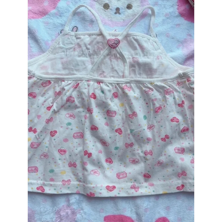White Kawaii Ruffle Camisole – Bunny Embroidery & Bow Print