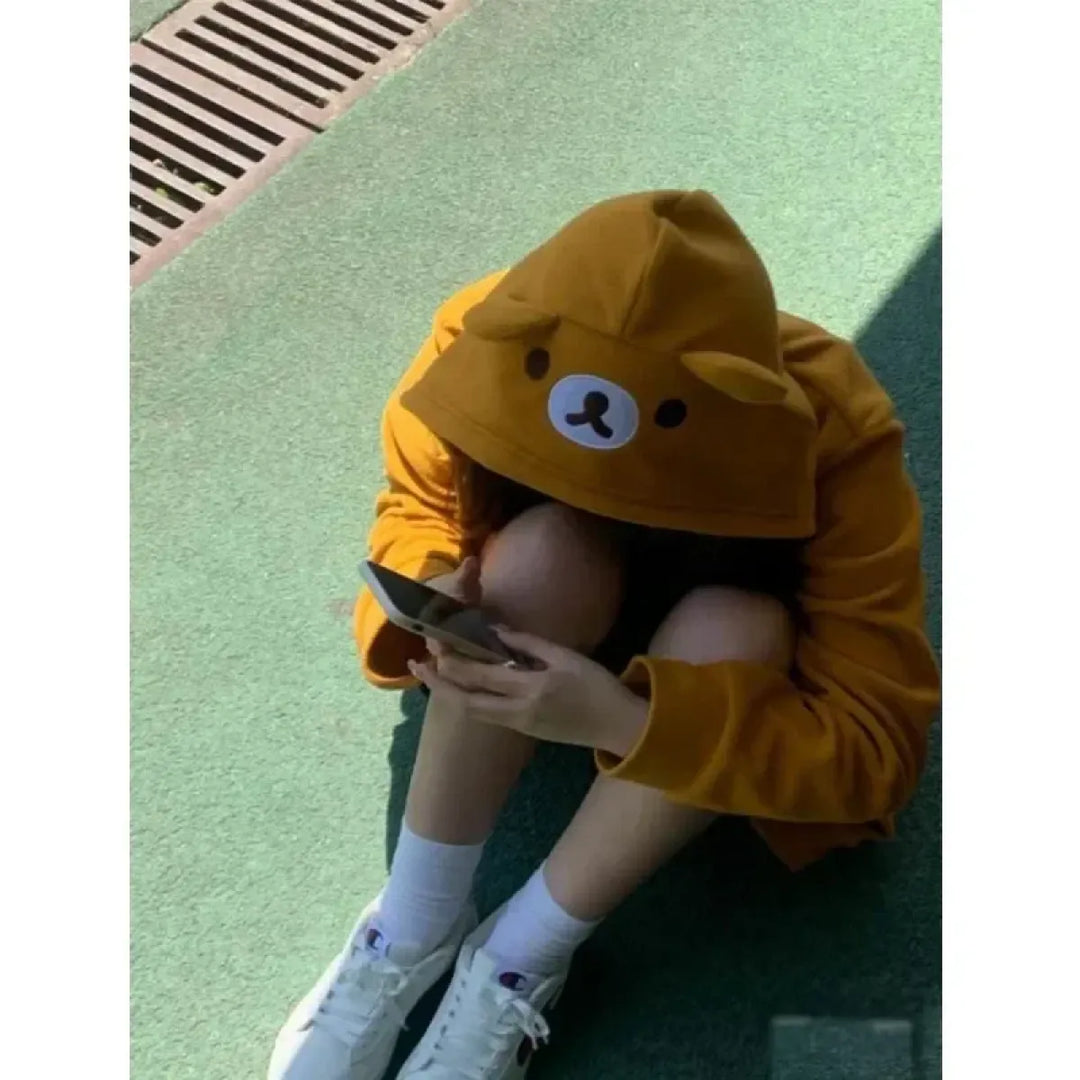 Kawaii Zip-Up Hoodie - Oversized Cute Bear Sweatshirt for Women