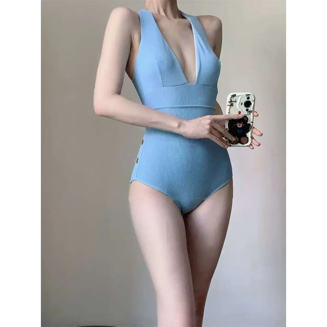 Ribbed Deep V One-Piece Swimsuit – Korean Beach Bodysuit