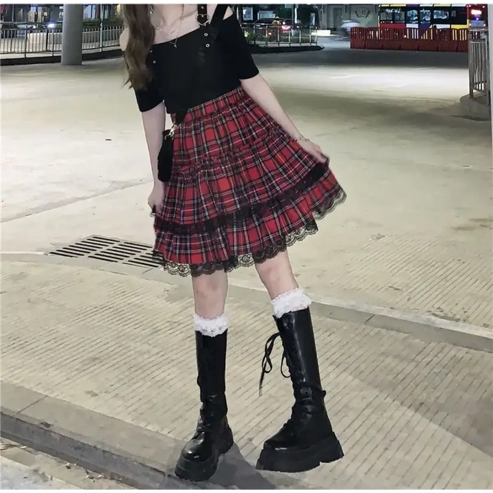 Lace Gothic Y2K Mini Skirt - High Waist Plaid A-line Red Skirt