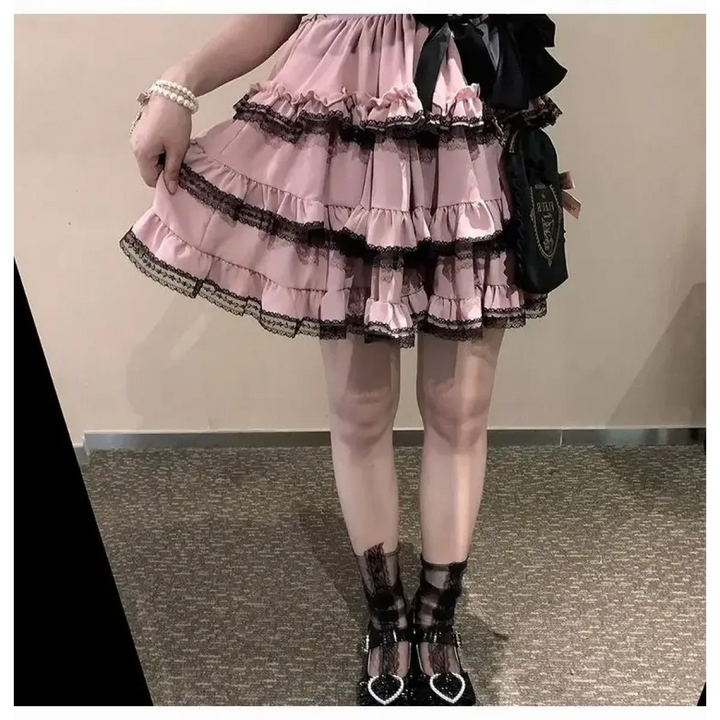 Lace Mini Cake Lolita Skirt – High Waist Ruffle Bow Detail