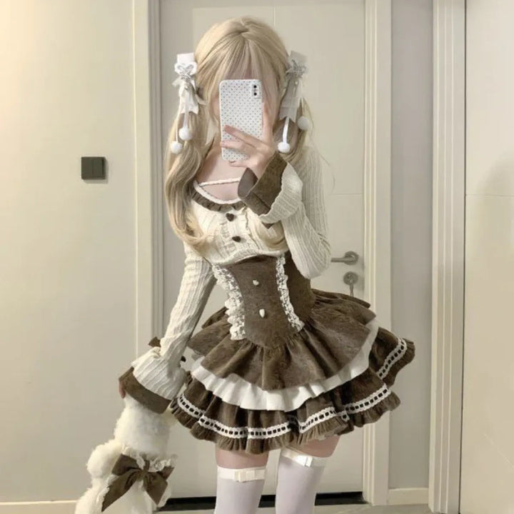 Lolita Two-Piece Set – High-Waist Lace Mini Dress