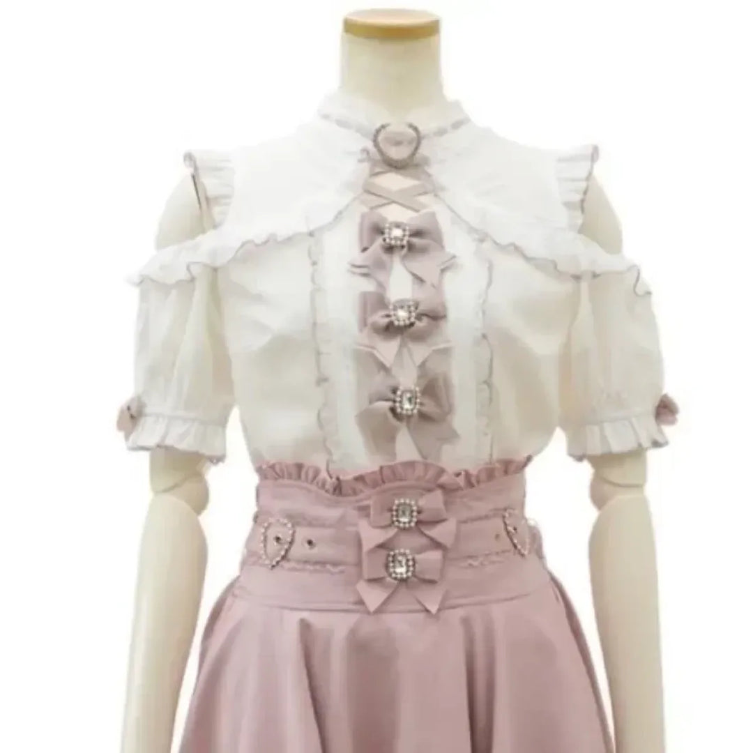 Kawaii Lace Patchwork Blouse – Y2K Off Shoulder Bow JK Shirt