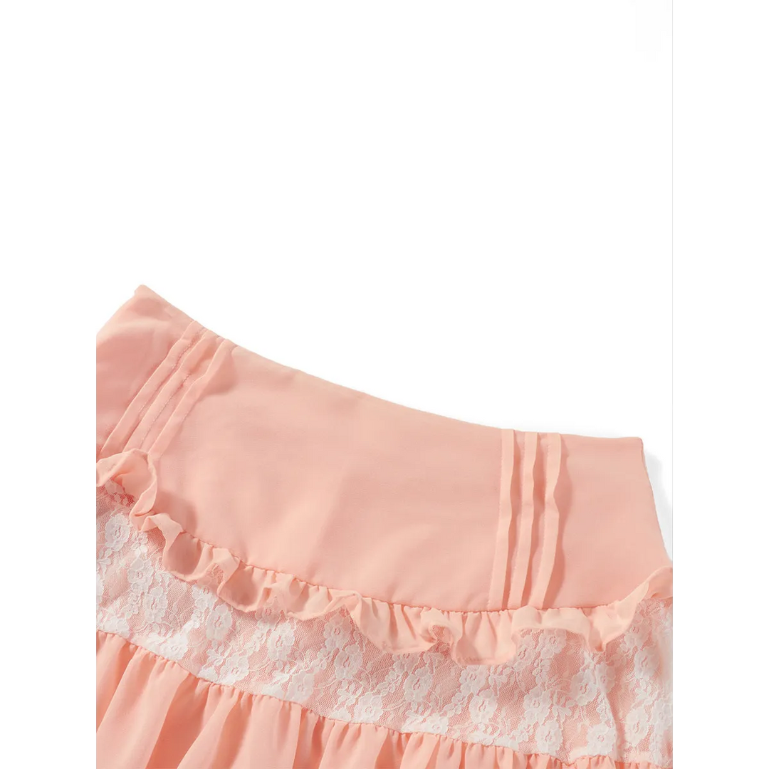 High-Waist Lace Ruffle Mini Skirt - Summer A-Line Patchwork