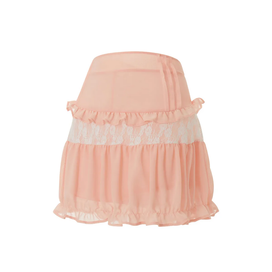 High-Waist Lace Ruffle Mini Skirt - Summer A-Line Patchwork
