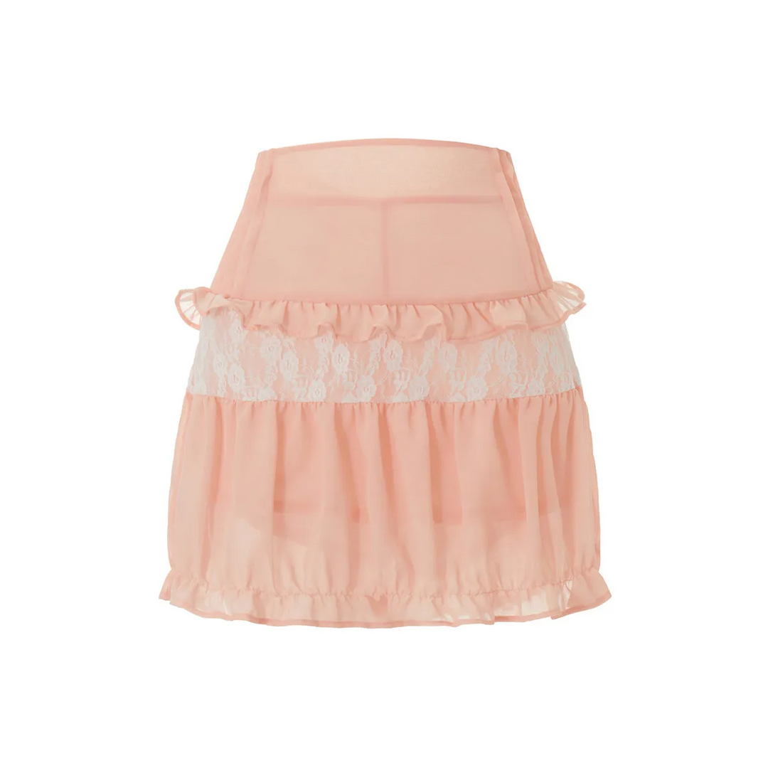 High-Waist Lace Ruffle Mini Skirt - Summer A-Line Patchwork