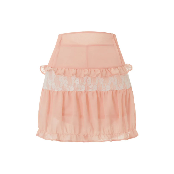 High-Waist Lace Ruffle Mini Skirt - Summer A-Line Patchwork