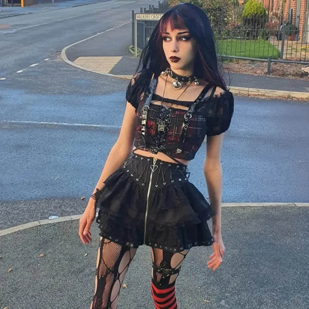 Gothic Lace-Up Corset Skirt – Kawaii Harajuku Punk Ruffle Mini Skirt