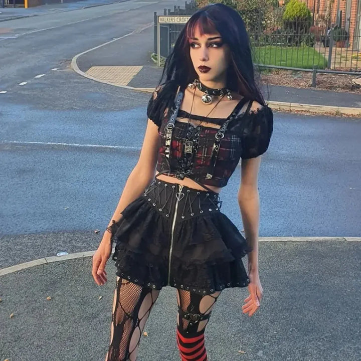 Gothic Lace-Up Corset Skirt – Kawaii Harajuku Punk Ruffle Mini Skirt
