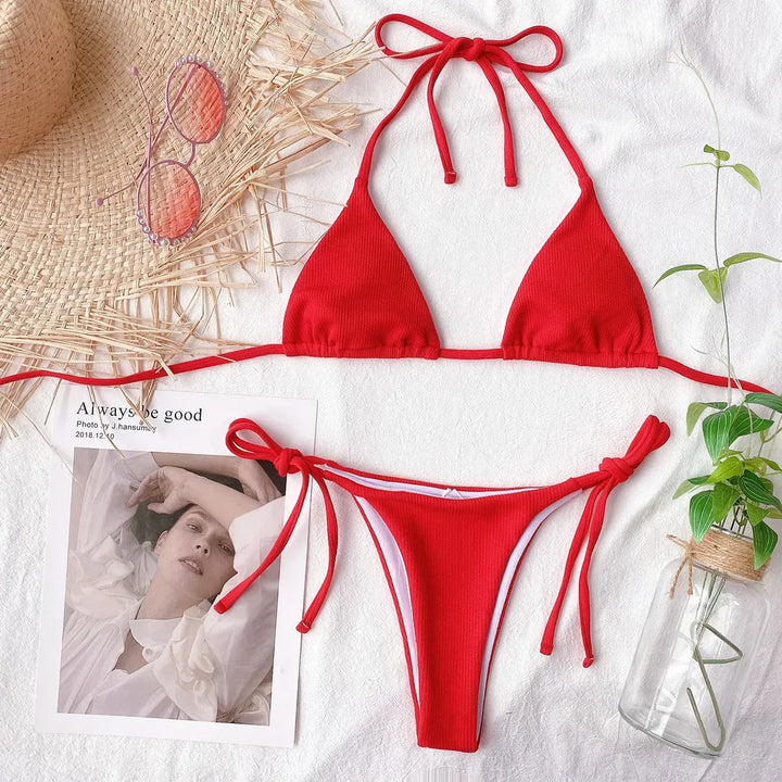 Ribbed String Bikini Set – Kawaii Halter Tie Beach Swimwear
