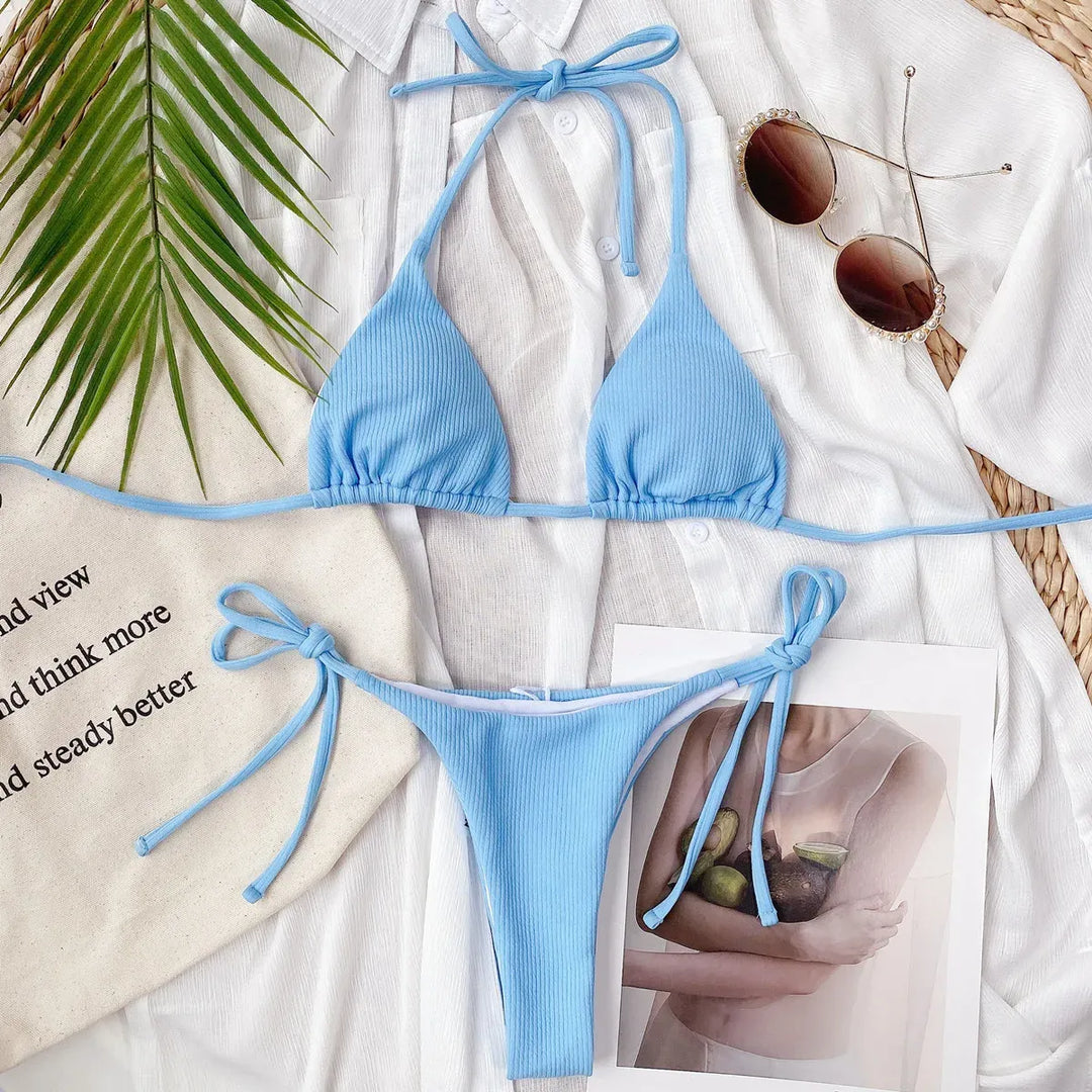 Ribbed String Bikini Set – Kawaii Halter Tie Beach Swimwear