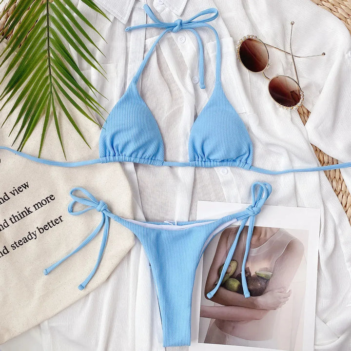 Ribbed String Bikini Set – Kawaii Halter Tie Beach Swimwear