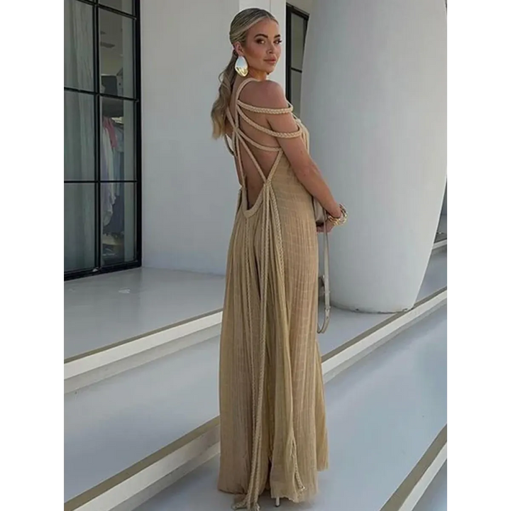 Loose Sleeveless Maxi Beach Dress: Off-Shoulder Crochet Cut-Out Design