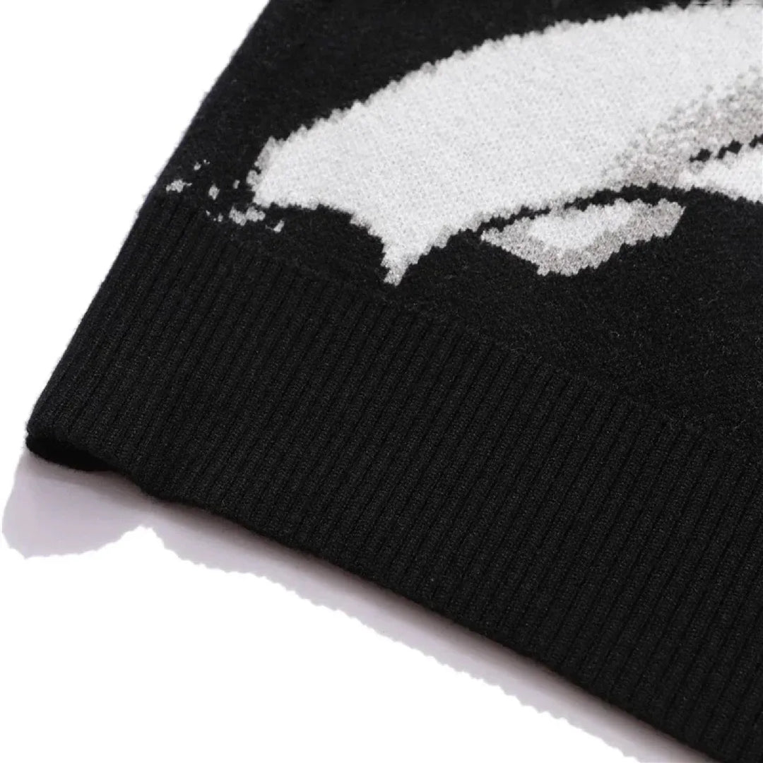 Manga Muse Knit Sweater – Monochrome Anime-Inspired Oversized Pullover