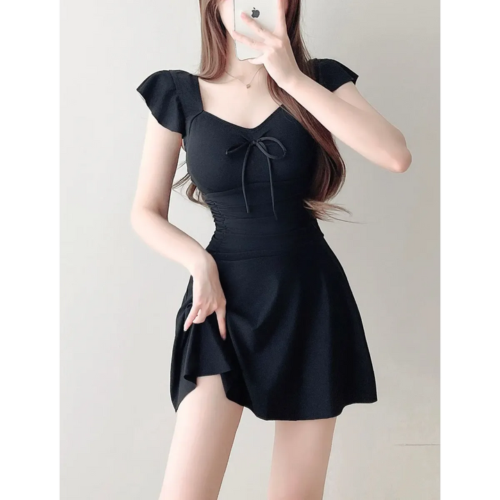 Mauve Ruffle Sleeve One Piece Swimsuit – Bow Detail Mini Dress Style