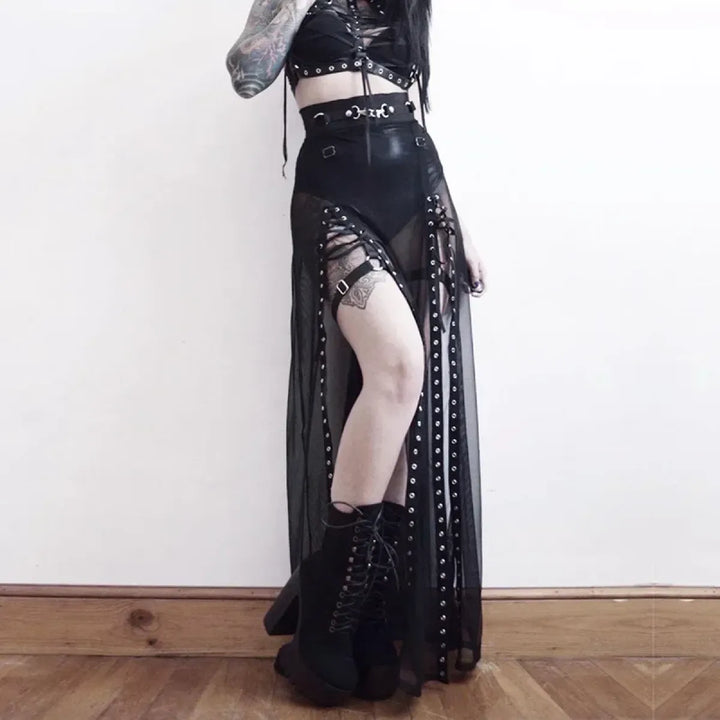 Mesh Gothic Side Slit Skirt – Punk Lace-Up High Waist Maxi Skirt