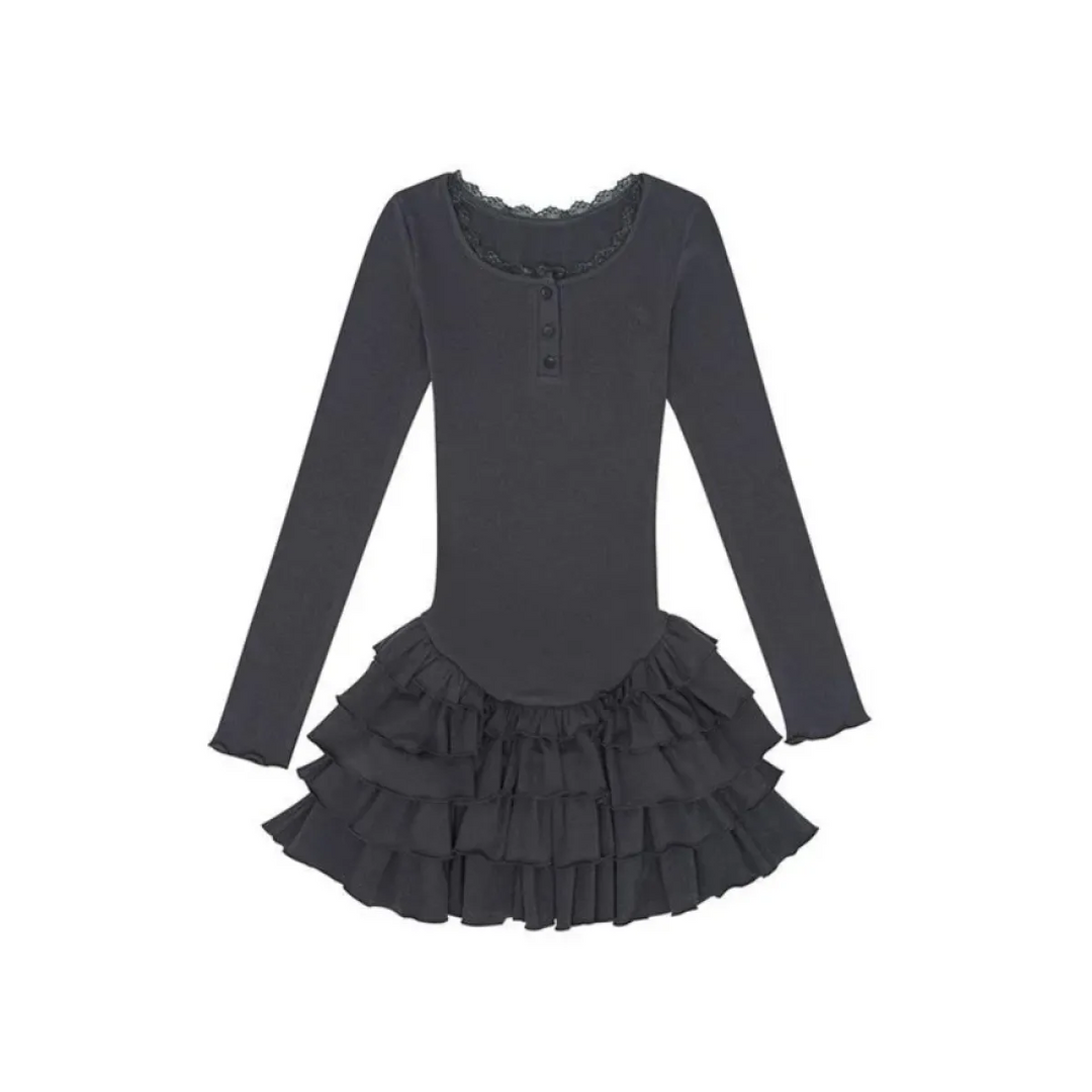 Ruffle Hem Mini Dress – Slim Fit Y2K Long Sleeve Design