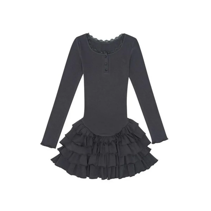 Ruffle Hem Mini Dress – Slim Fit Y2K Long Sleeve Design