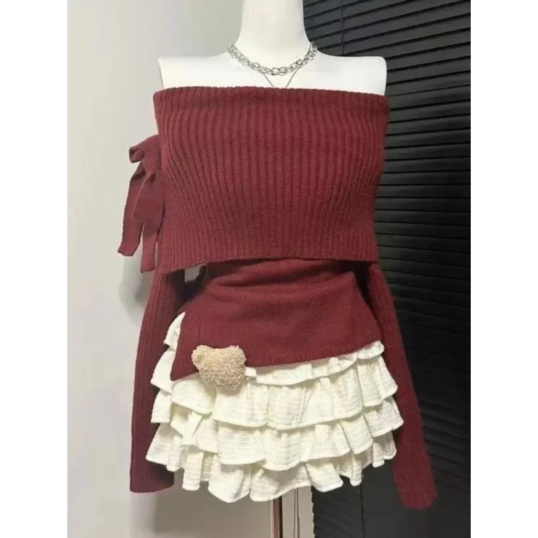 Kawaii Off-Shoulder Knit Lace Set