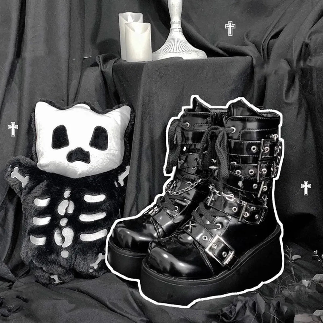 Metal Chain Patent Leather Ankle Boots - Chunky Platform Gothic Boots