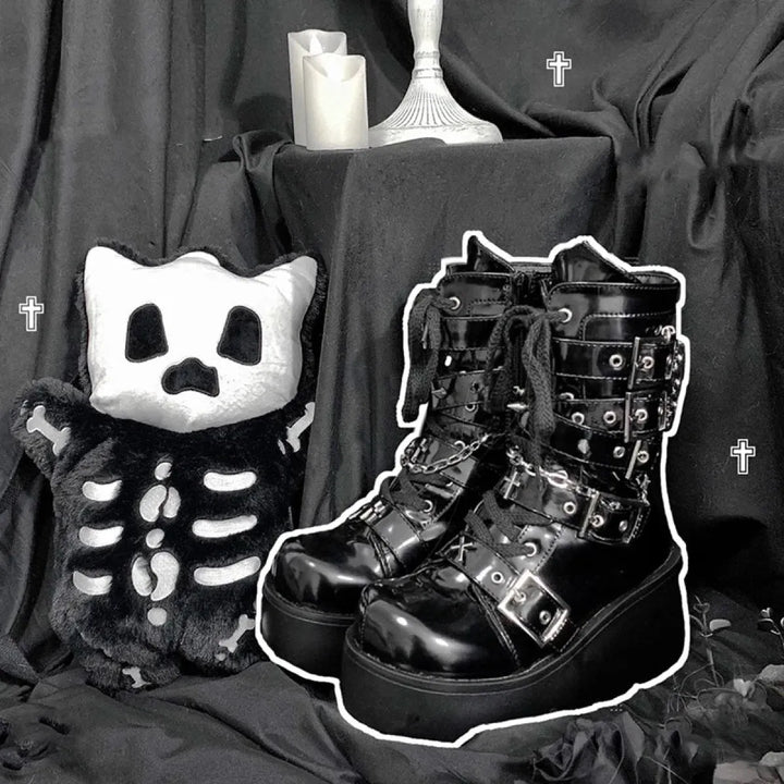 Metal Chain Patent Leather Ankle Boots - Chunky Platform Gothic Boots