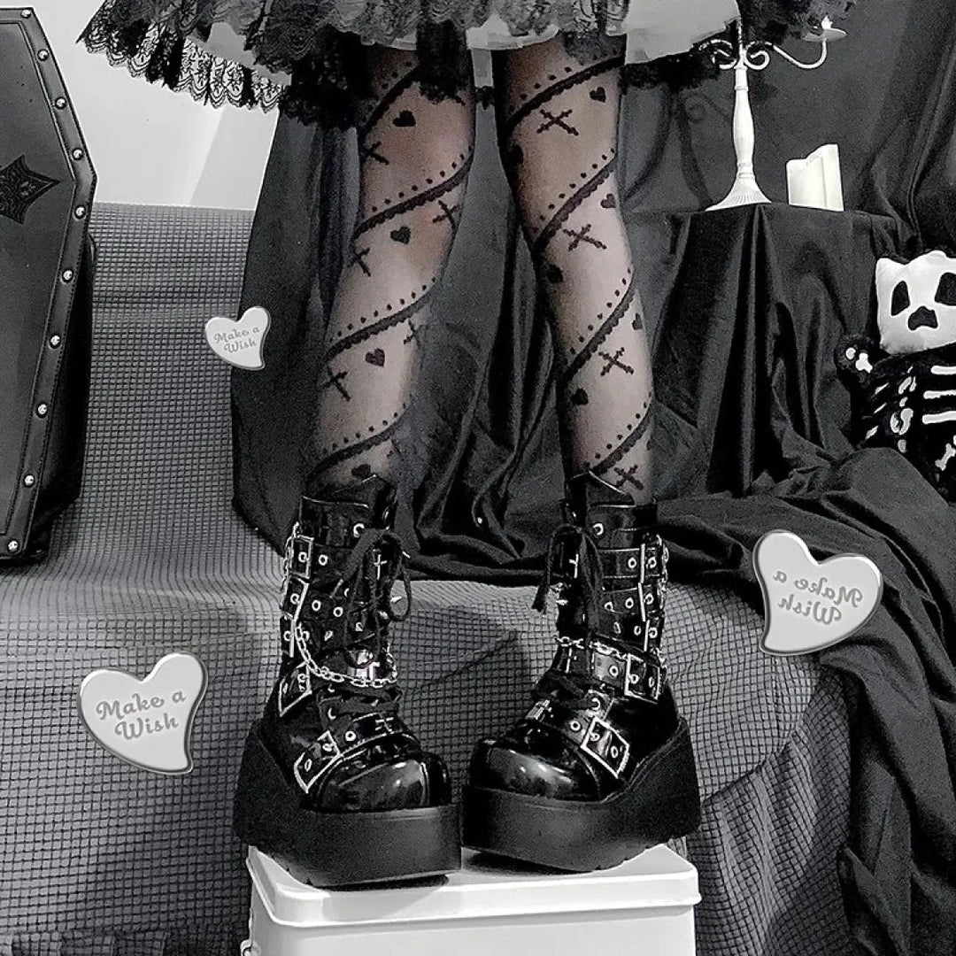 Metal Chain Patent Leather Ankle Boots - Chunky Platform Gothic Boots