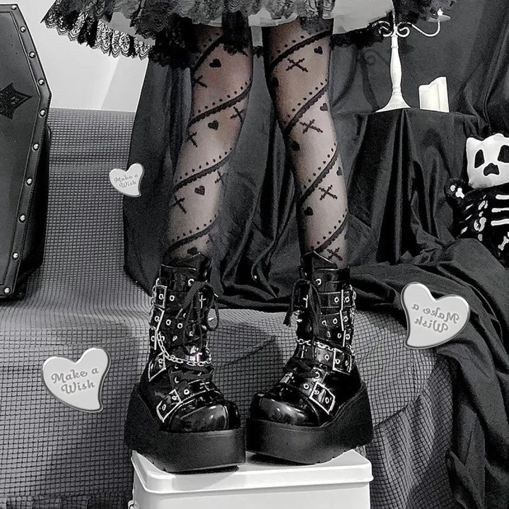 Metal Chain Patent Leather Ankle Boots - Chunky Platform Gothic Boots
