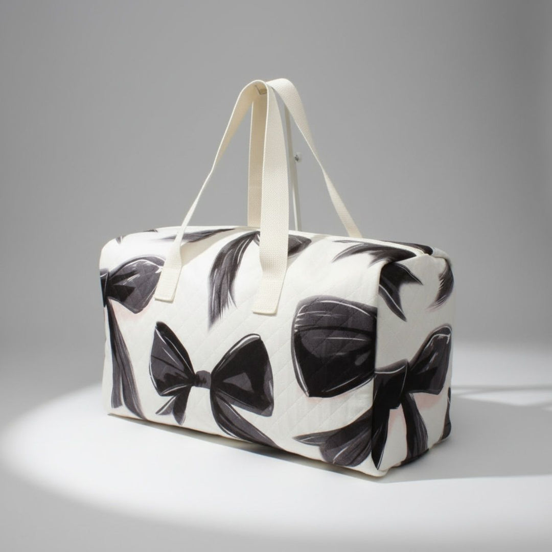 Travel Bag Cream Quilted Pretty Black Bow Duffel