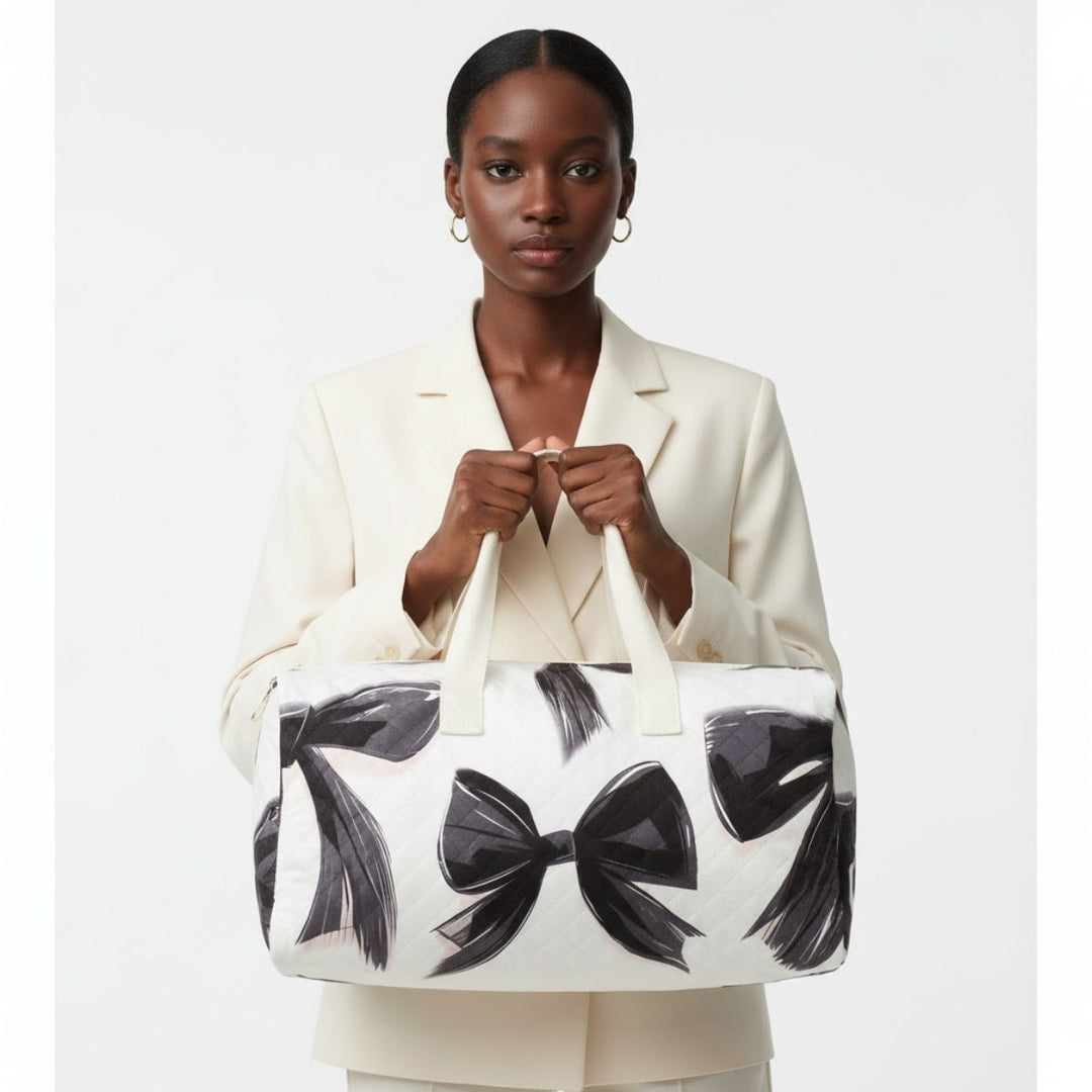 Travel Bag Cream Quilted Pretty Black Bow Duffel