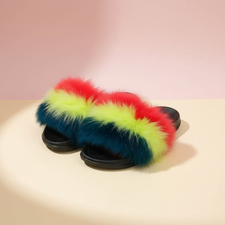 Coral to Green Fox Fur XLarge Slippers