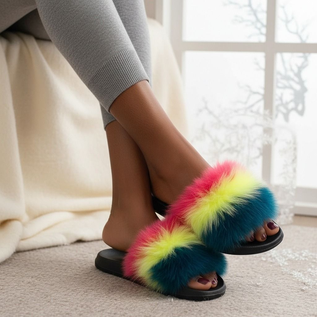 Coral to Green Fox Fur XLarge Slippers