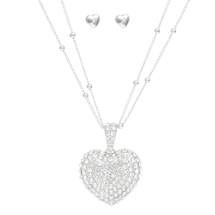 Pendant Silver 2 Layer Puffy Rhinestone Heart Set