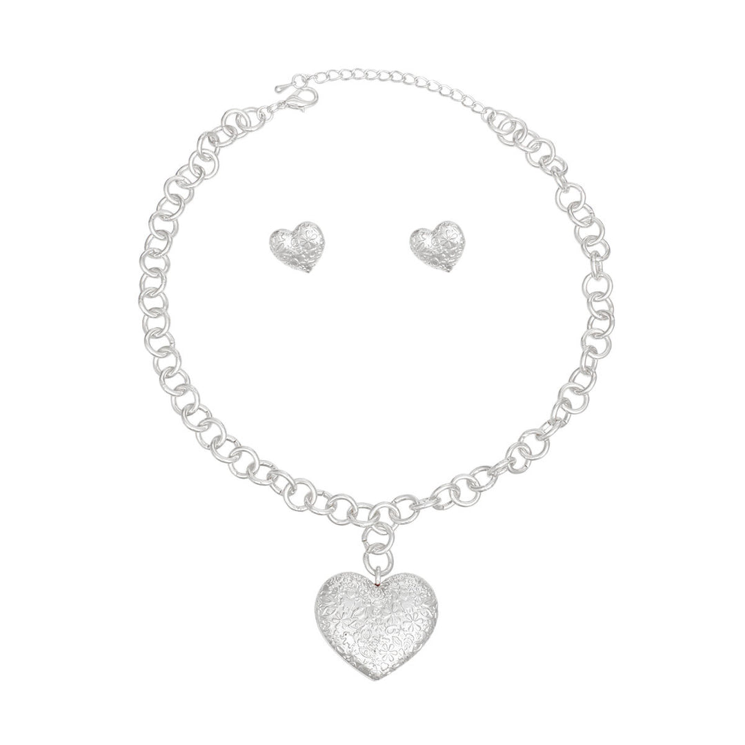 Pendant Silver Girly Patterned Puffy Heart Set