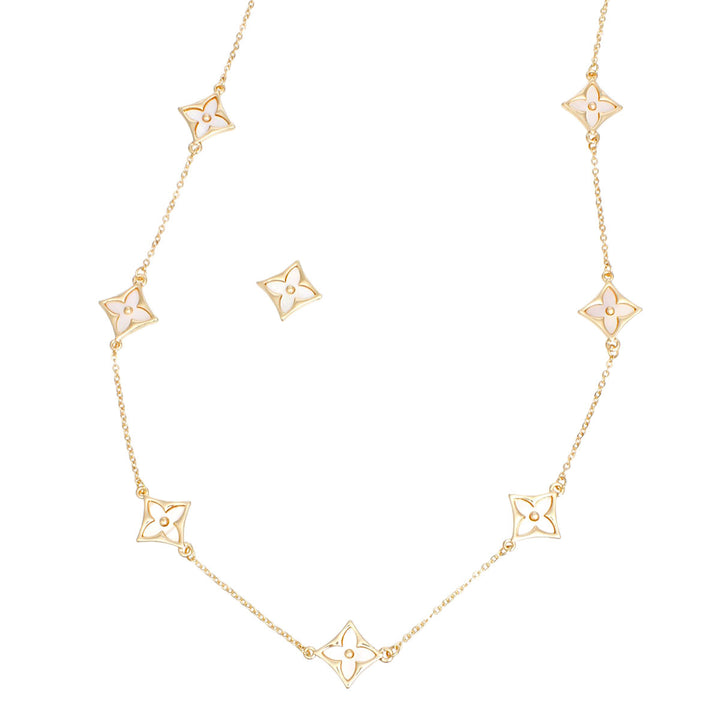 Long Necklace Gold Cream Monogram Flower Chain