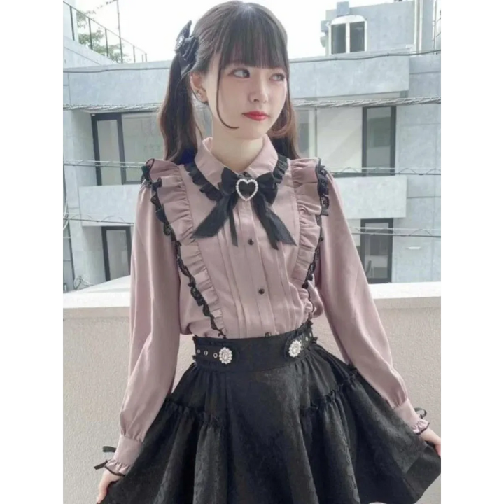 Pink Lace Ruffle Blouse - Kawaii Lolita Bow Top