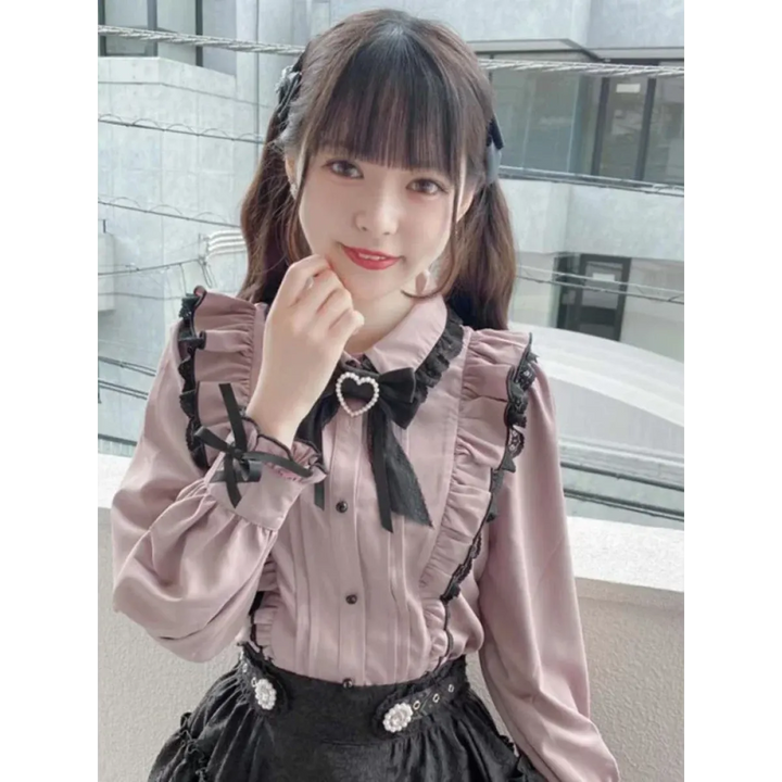Pink Lace Ruffle Blouse - Kawaii Lolita Bow Top