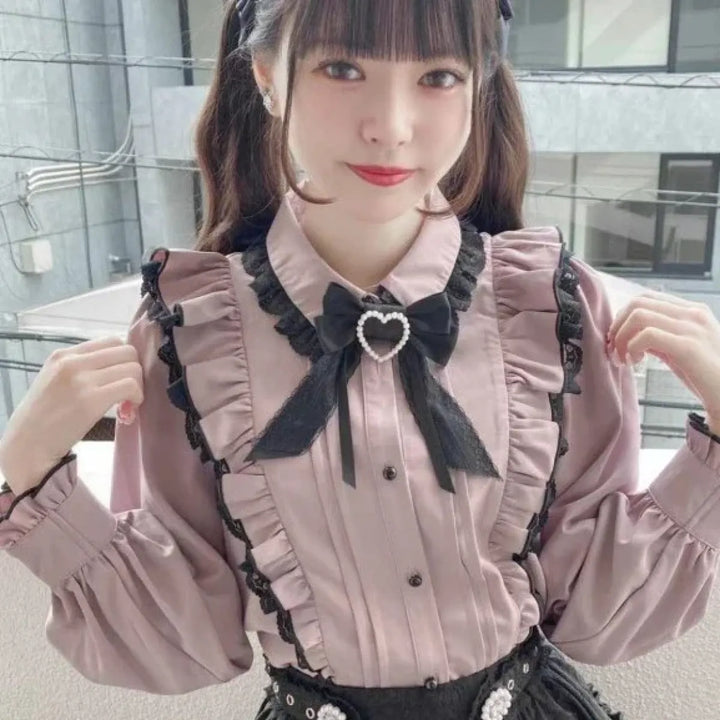 Pink Lace Ruffle Blouse - Kawaii Lolita Bow Top