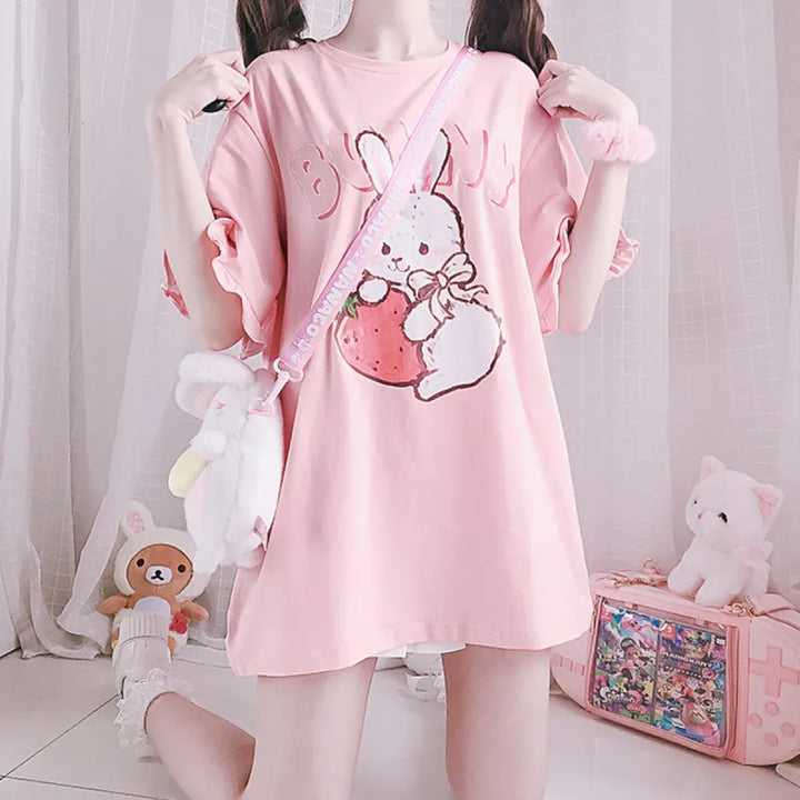 Pink Lolita T-Shirt - Rabbit Print, Ruffled Sleeve Top