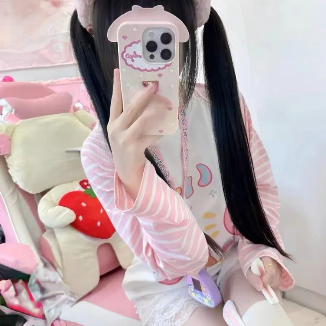 Pink Stripe Cartoon Print T-Shirt – Kawaii Harajuku Top