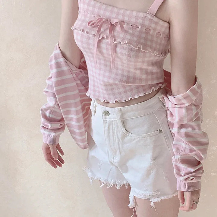 Pink Sweet Plaid Ribbon Crop Top