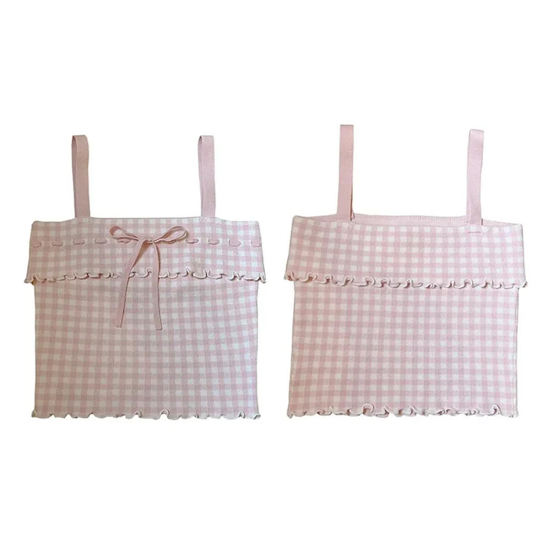 Pink Sweet Plaid Ribbon Crop Top