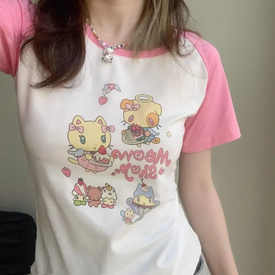 Cat Print T-Shirt – Pink White Patchwork Slim Fit Short Sleeve Tee