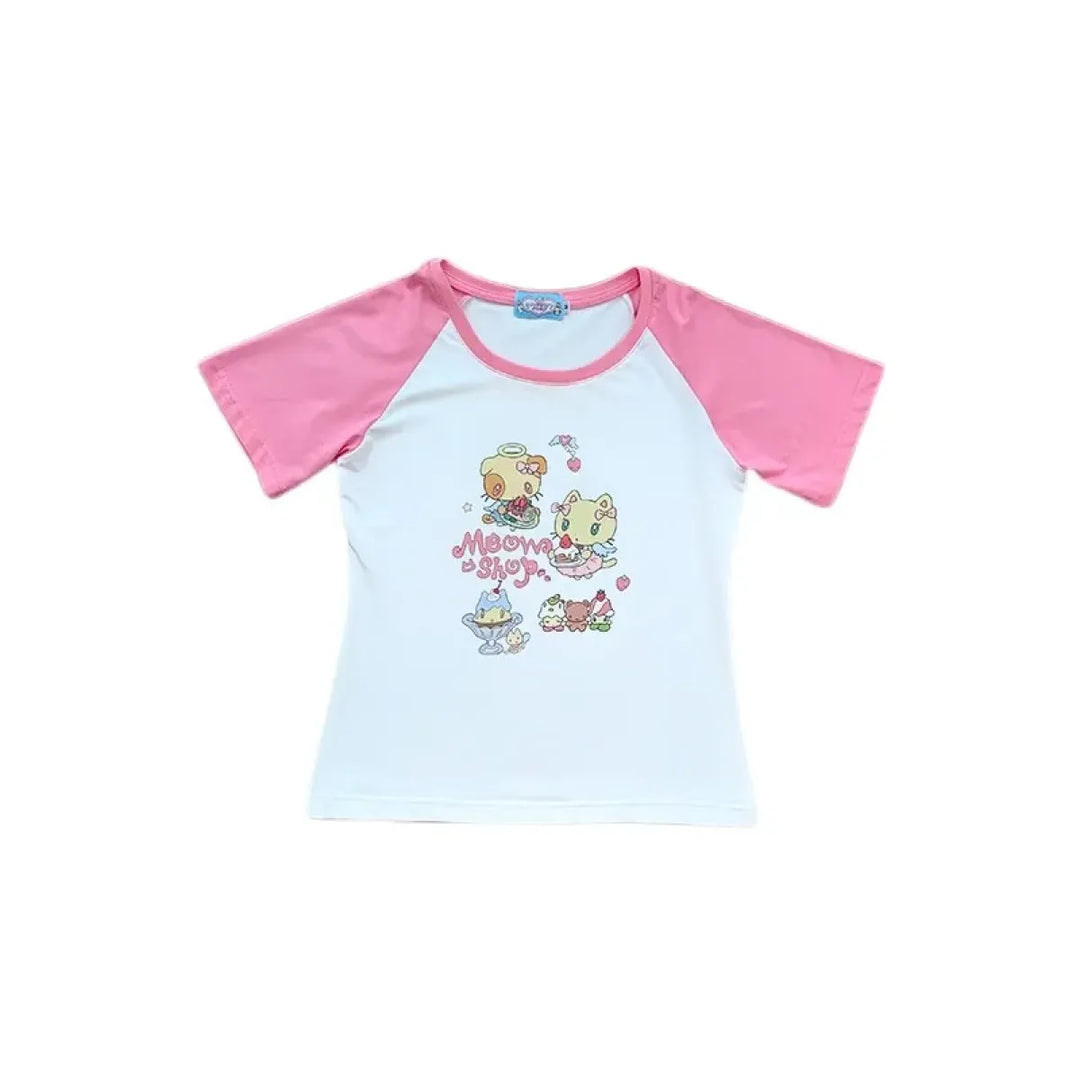 Cat Print T-Shirt – Pink White Patchwork Slim Fit Short Sleeve Tee