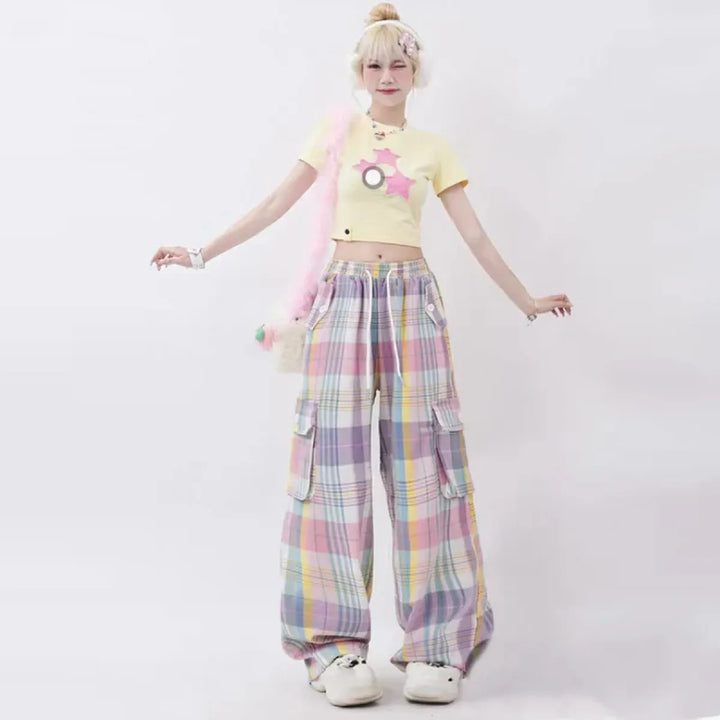 Pastel Plaid Cargo Pants – Y2K Harajuku Streetwear Aesthetic