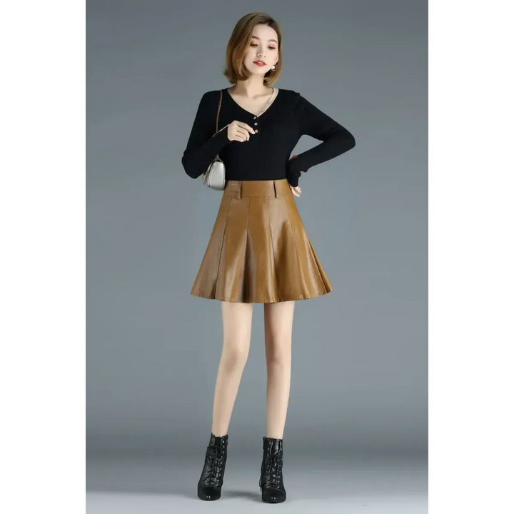 High Waist Pleated Leather Skirt – Korean Style Mini Skirt